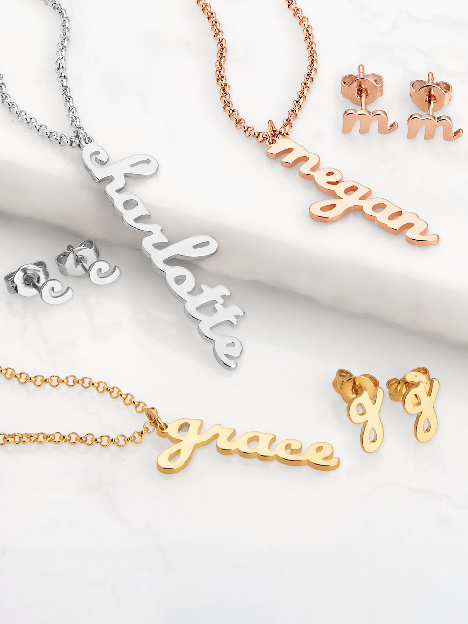 Personalized Planet Sterling Silver Lowercase Script Name Necklace and Initial Earring Set ,Women's