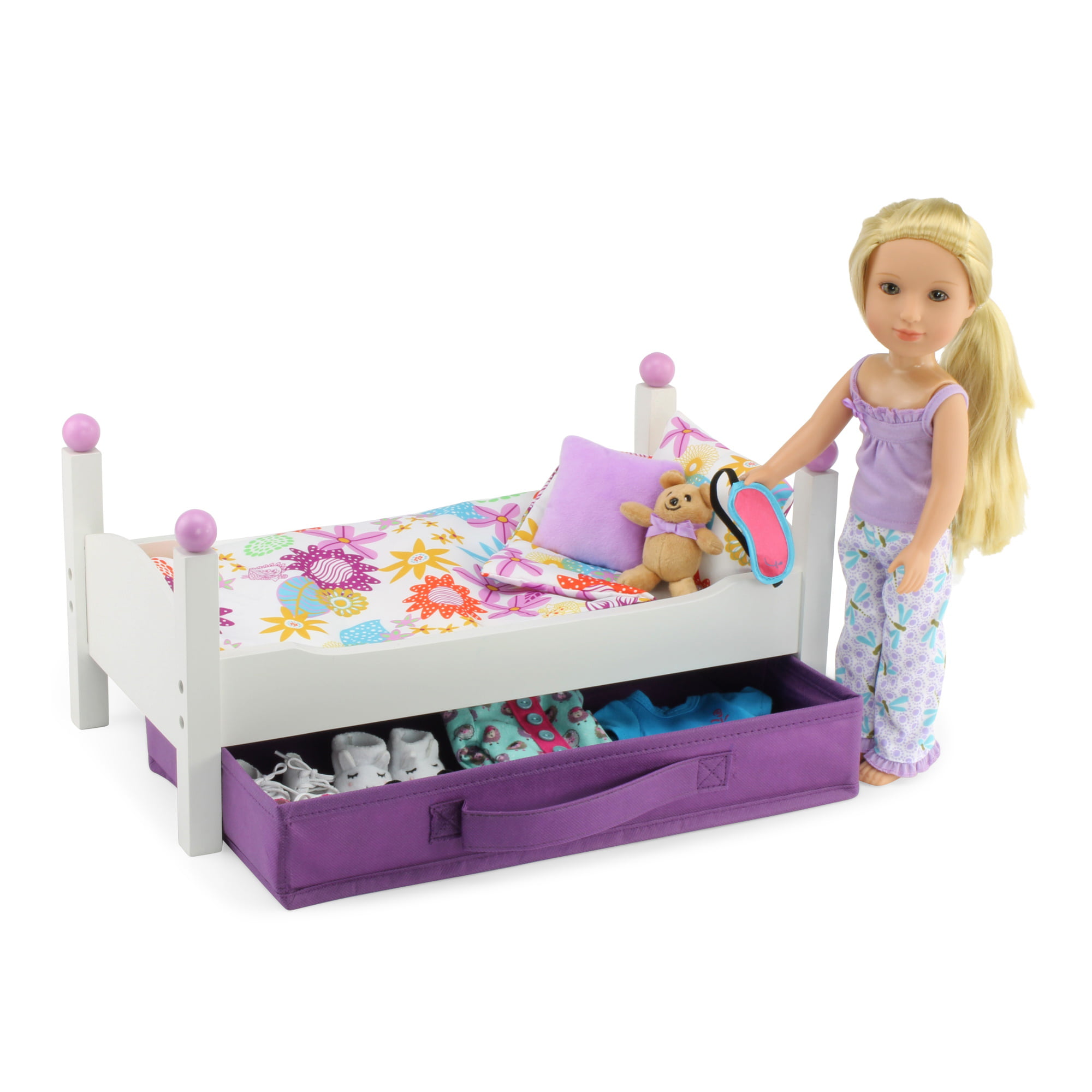 Classic White Single Stackable 14 Doll Bed Emily Rose 14 Inch Doll Bed Fits 14 American Girl Wellie Wishers and Glitter Girls Dolls Includes 1 Set of Colorful 4 Piece Bedding