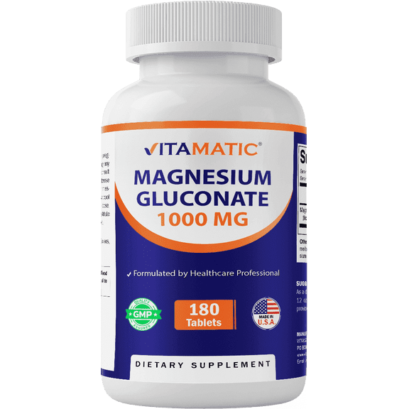Vitamatic Magnesium Gluconate 1000 mg - 180 Vegetarian Tablets (Uncoated) - Supports Muscle, Nerve, and Heart Health*