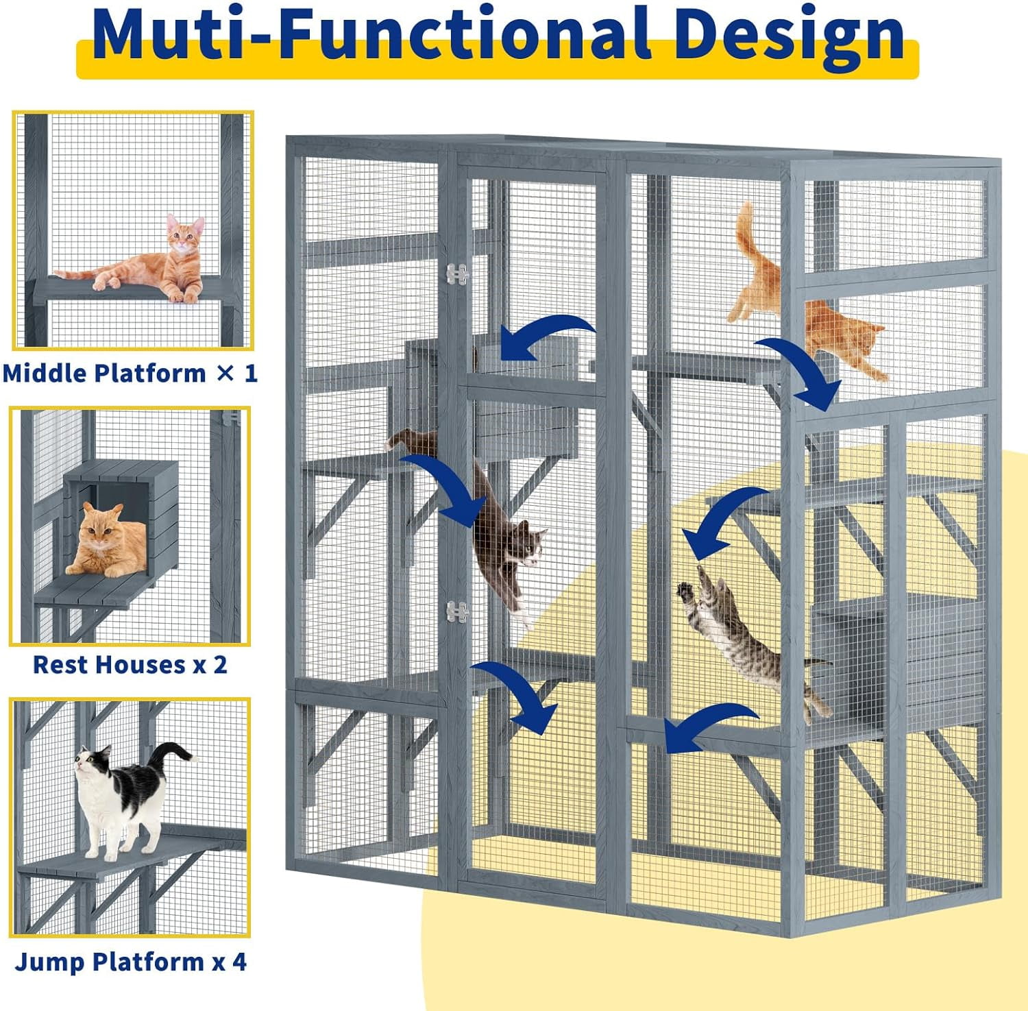 Akaber Large Outdoor Cat Enclosures with 7 Platforms & 2 Resting Rooms, Fir Wood Catio House with Waterproof UV Protection Roof, Indoor Outdoor Cat Furniture