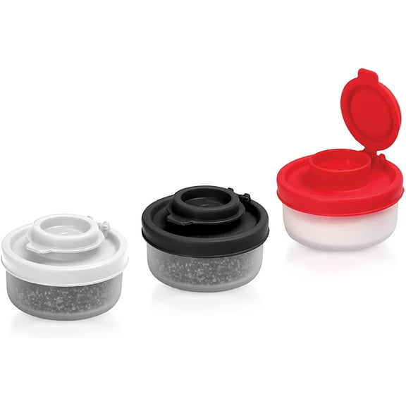 Salt and Pepper Shakers Moisture Proof Mini Salt Shaker to go Camping Picnic Outdoors Kitchen Lunch Boxes Travel Spice Set Clear with colored lids Plastic Airtight Spice Jar Dispenser (Small, 3 pack)