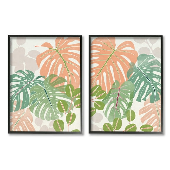 Stupell Industries Tropical Monstera Palm Leaves Green Orange Black Framed, 16 x 20, Design by June Erica Vess