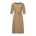 thumbnail image 3 of FAKKDUK Casual Dresses for Women 3/4 Sleeve Cotton Linen Summer Beach Dress Round Neck Belted A Line Midi Sundresses Casual Tiered Work Maxi Dress,Khaki&XXXXL, 3 of 8