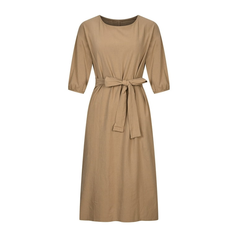 knee length dresses for ladies Green Linen Belted Midi Dress – JO+CO
