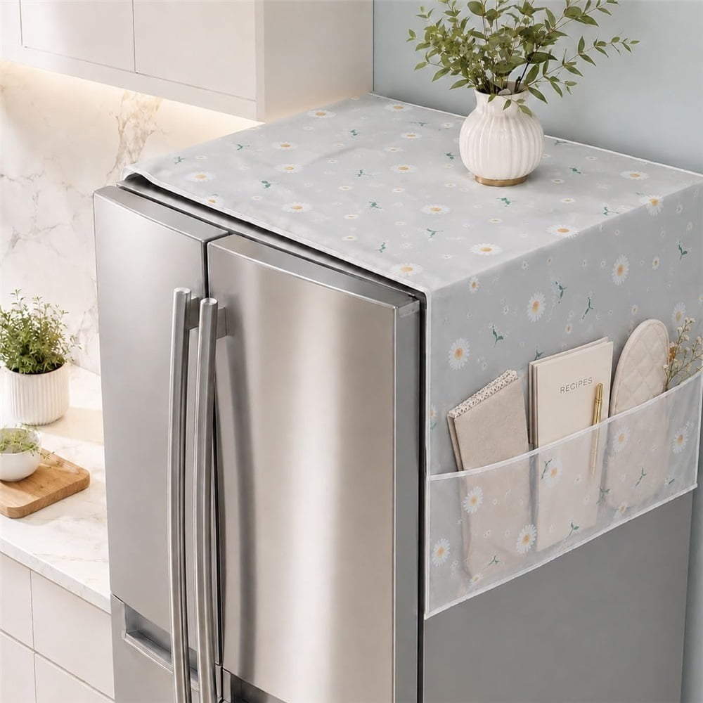 Xlulu Refrigerator Dust Cover Top with Storage Pockets, Multifunctional Waterproof Fridge Cover, Decorative Appliance Shield, Cloth Accessories for Kitchen Appliances, Dishwashers, and Microwaves