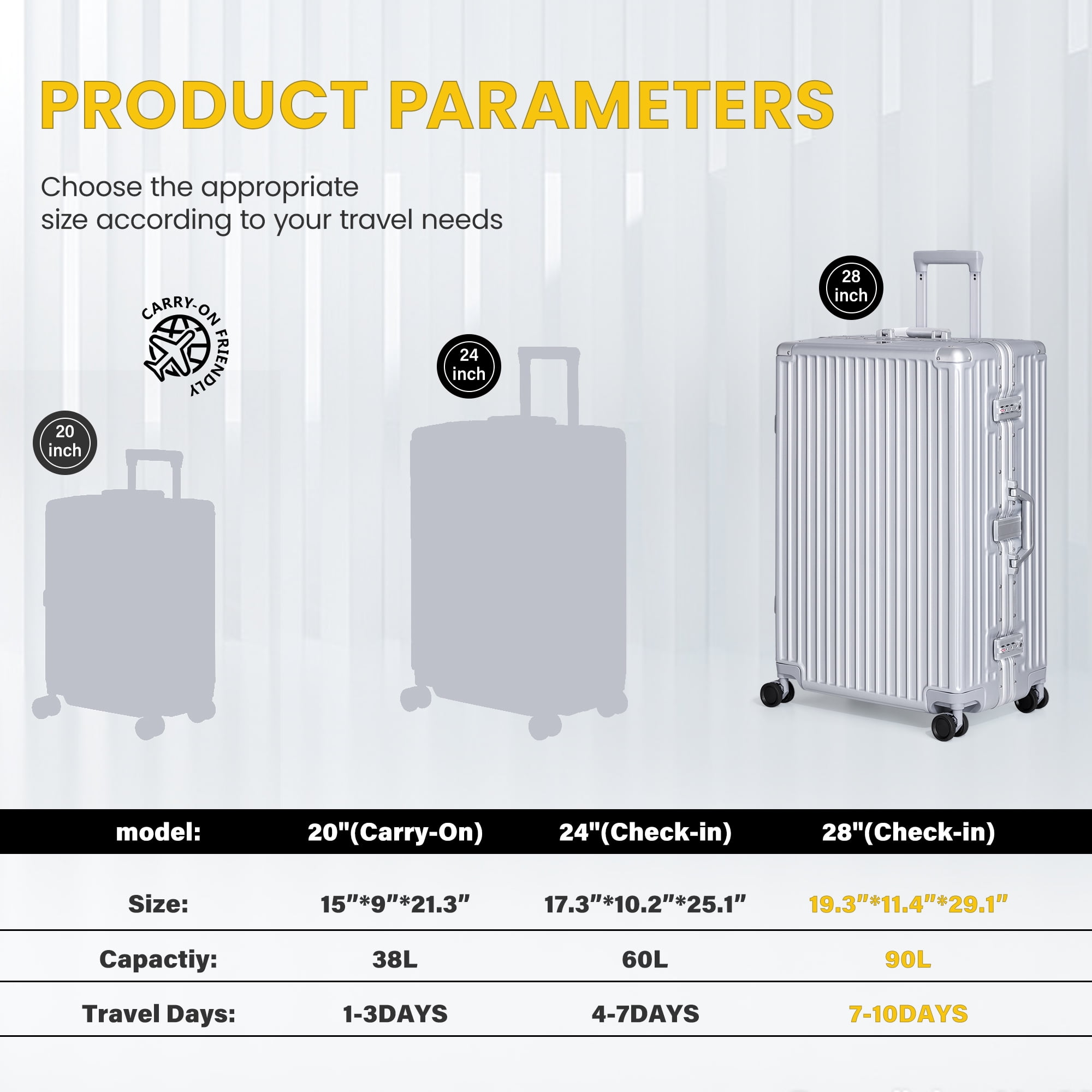 AMZFUN Carry On Luggage, Aluminium Frame, PC ABS Hard Shell, Suitcases with Wheels, TSA Lock, No Zipper, 28Inch, Sliver