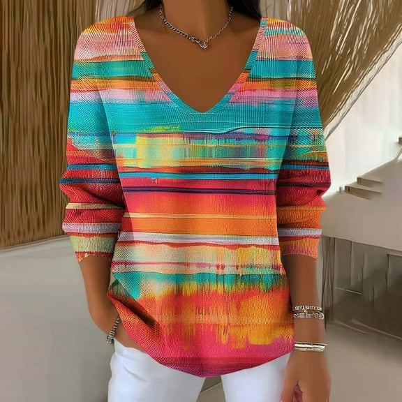 Sexlip Colorful Print V Neck Sweater Lightweight Comfortable Casual Pullover Long Sleeve Women's Top for Daily Wear Fashionable Design Perfect for Home and Work Multicolor L