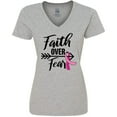 thumbnail image 3 of Inktastic Breast Cancer Awareness Faith over Fear with Pink Ribbon and Arrow Women's V-Neck T-Shirt, 3 of 5