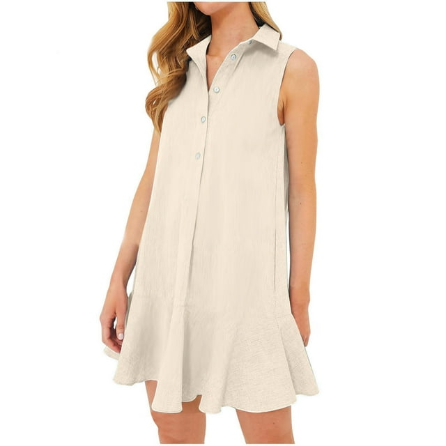 Robe d'Été Sans Manches à Col Rabattu pour Femmes, Boutonnée, à Poitrine Ouverte, Plissée, à Volants, Jupe Courte, Robe à Col Rabattu Unie avec Design Sans Manches, Poitrine Ouverte, et Volants Plissés, Sopatenor