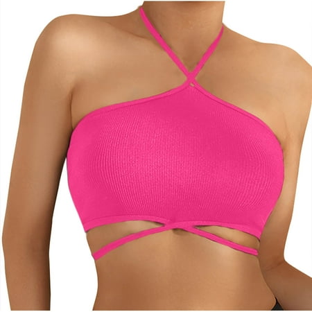 Gnurob Halter Bra for Women Strapless Tube Tops Wirefree Bandeau Tops Hide Back Fat Bras Seamless Push Up Bralettes Sexy Crop Top Workout Yoga Underwear Clearance Saving Red Large