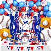 Baseball Birthday Party PriNst Decorations, 64 PCS Baseball Birthday Party Supplies Kit, Include Baseball Themed Backdrop, Happy Birthday Banner, Balloons, Cupcake, Cake Toppers
