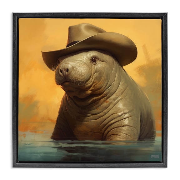 Stupell Industries Eclectic Swimming Manatee with Hat Black Floating Frame Canvas Art, 18 x 18, by RB