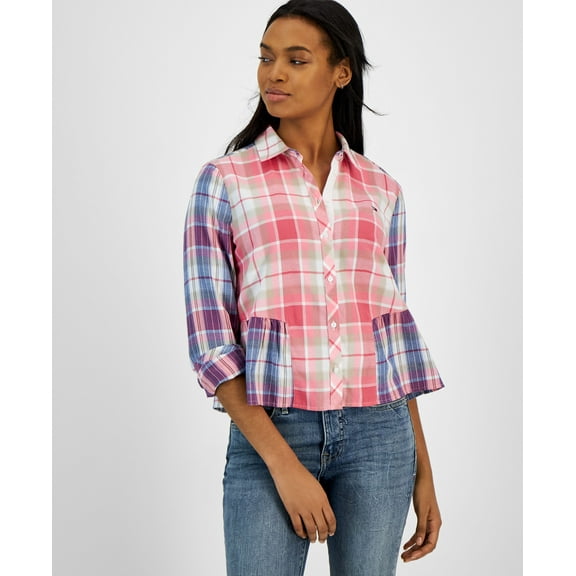 Women's Cotton Collared Plaid Peplum Shirt Rosebud Multi M