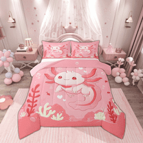 Manfei Cartoon Pink Axolotl Bedding Comforter Set for Kid, Dreamy Underwater World Twin Comforter Sets, Kawaii Animal Reversible Bedding Set, Luxury Bedroom Decor, 2 Pieces