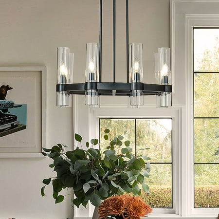 

AloaDecor 8-Lights Modern Cylinder 25 Wagon Wheel Matte Black Chandelier With Glass Accents - W:25.6