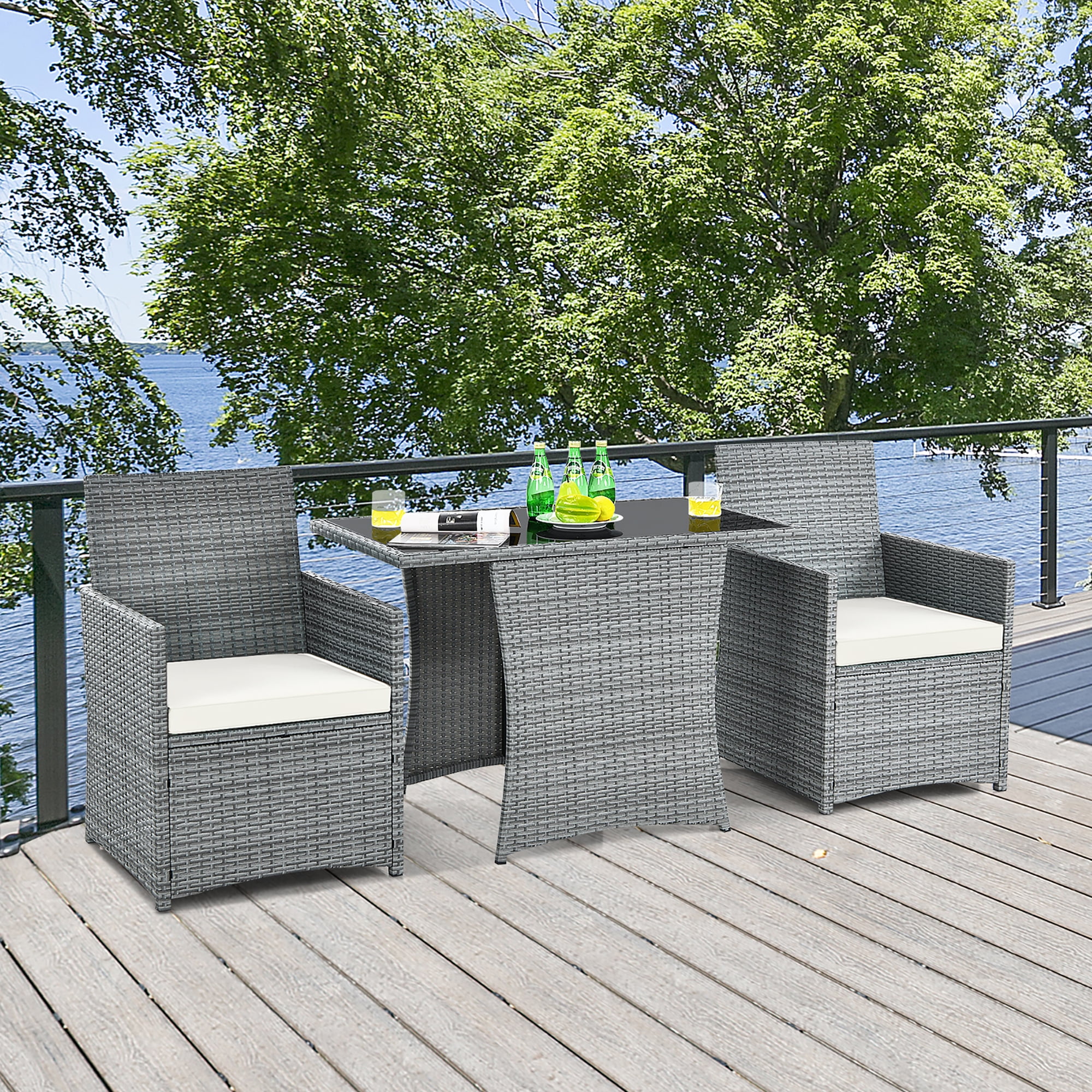 Costway 3PCS Patio Rattan Furniture Set Cushioned Sofa Armrest  Garden White