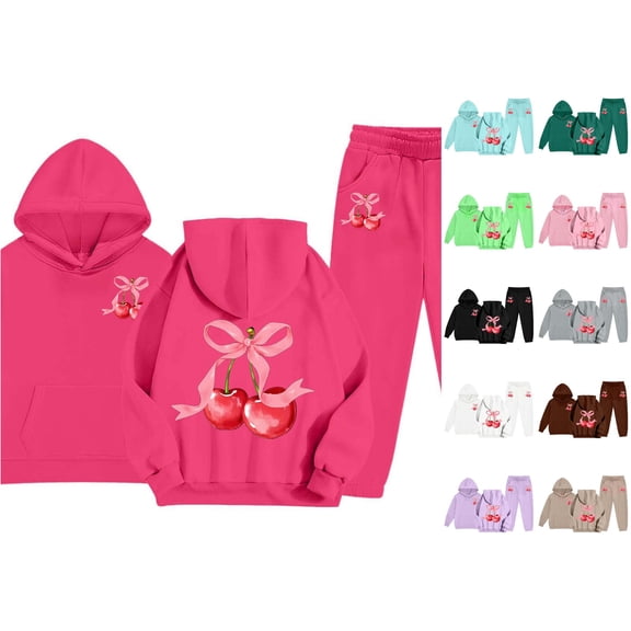 LIIPEE Autumn Winter Outfit Sets For Girls Bow Graphic Long Sleeve Pullover Hoodies And Sweatpants 2 Piece Set Kids Casual Comfortable Cute Outfits,8-9 Years