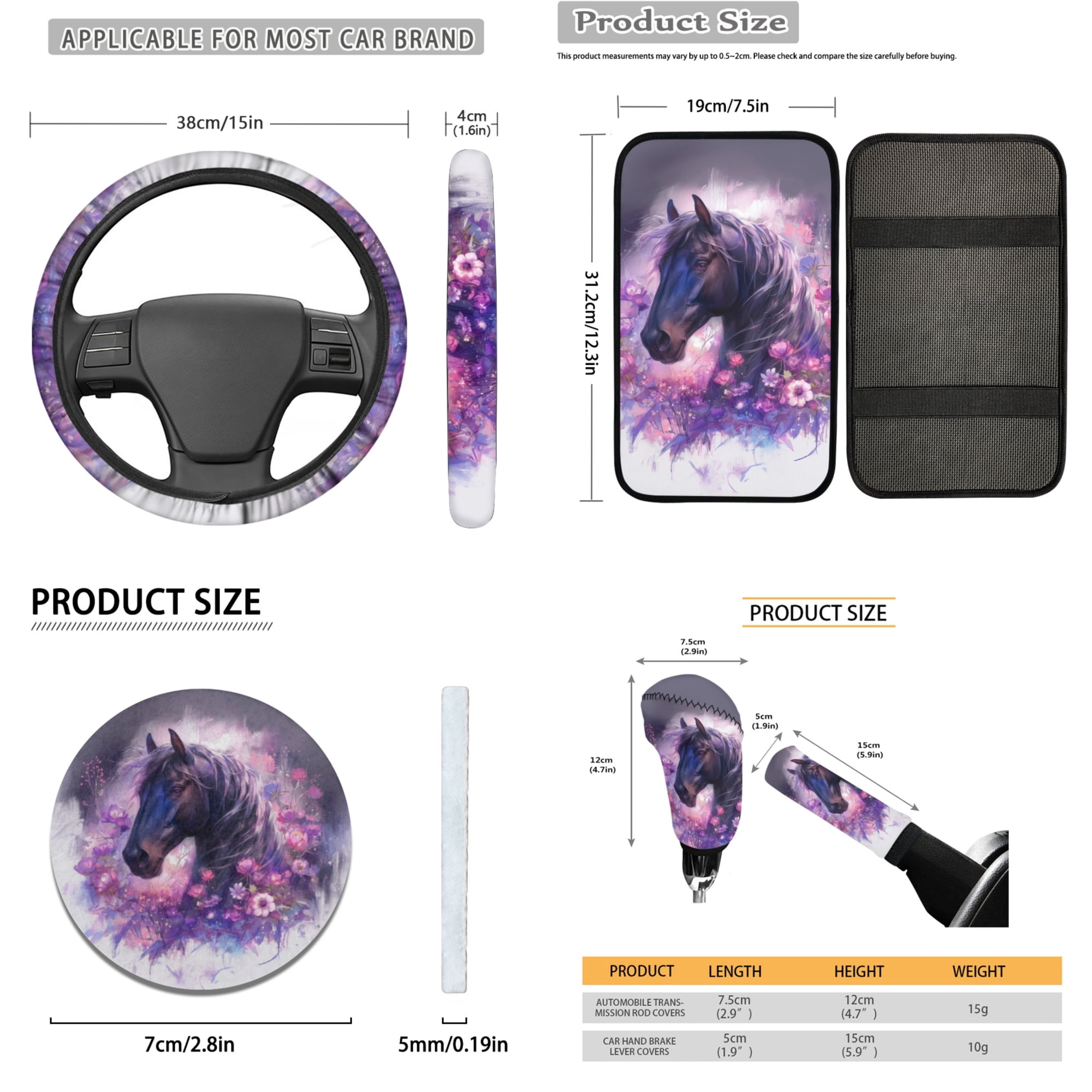 Tutolipy Horse Flower Print 15 Pack Car Seat Cover Sets, Front and Rear Split Bench Seat Covers for Cars, Steering Wheel Cover Seatbelt Pad Car Center Console Cover