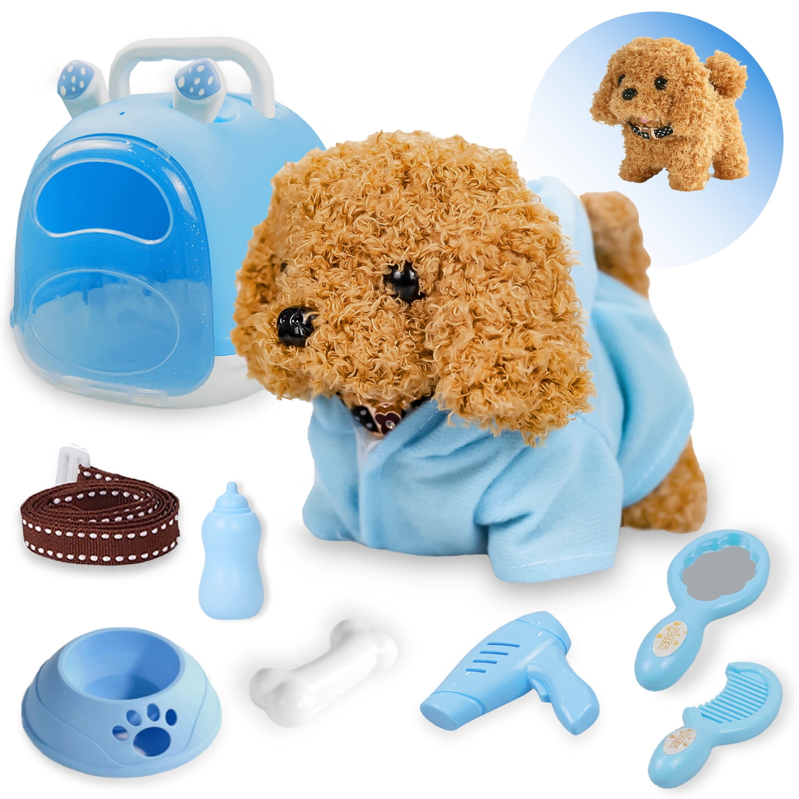 Sunforu Pet Care Play Set,Little Plush Brown Teddy Dog Grooming Toys with Puppy Carrier Feeding Dog Educational Toys for Toddler Kids