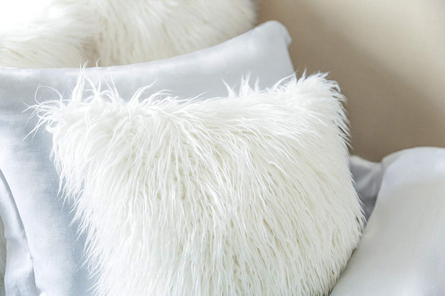 Phantoscope Merino Style Faux Fur Series Decorative Throw Pillow Bundle, 12" x 20"/18" x 18", White, 2 Pack
