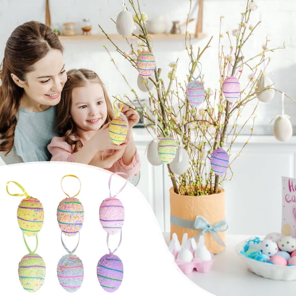 AZXY 6 Pcs Easter Egg Ornaments, 2.36in Multicolored Beaded Striped Easter Ornaments for Tree, Small Miniature Easter Egg Hanging Decorations for Small Tree, Easter Party & Home Indoor Outdoor Decor