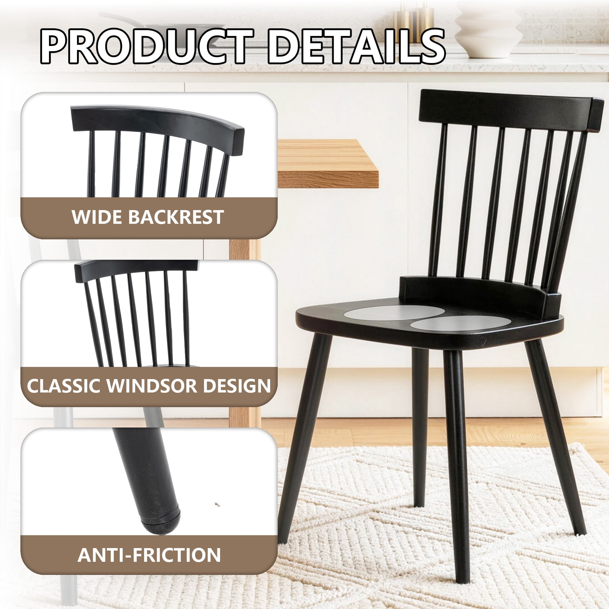 Fancrou Farmhouse Windsor Dining Chairs Set of 4, Spindle Back Metal Leg Chairs for Kitchen and Living Room, Country Style Restaurant Seating, Black