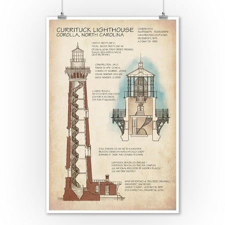 Outer Banks, North Carolina - Currituck Beach Lighthouse Technical - Lantern Press Artwork (9x12 Art Print, Wall Decor Travel (Best Beaches In North Carolina)