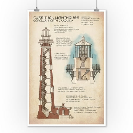 North Carolina Lighthouses - Outer Banks, North Carolina - Currituck Beach Lighthouse Technical - Lantern Press Artwork (9x12 Art Print, Wall Decor Travel Poster)