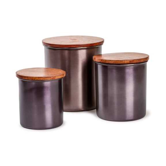 Black Canister Set With Wood Lids - 3 pcs Airtight Copper Storage Jar Set