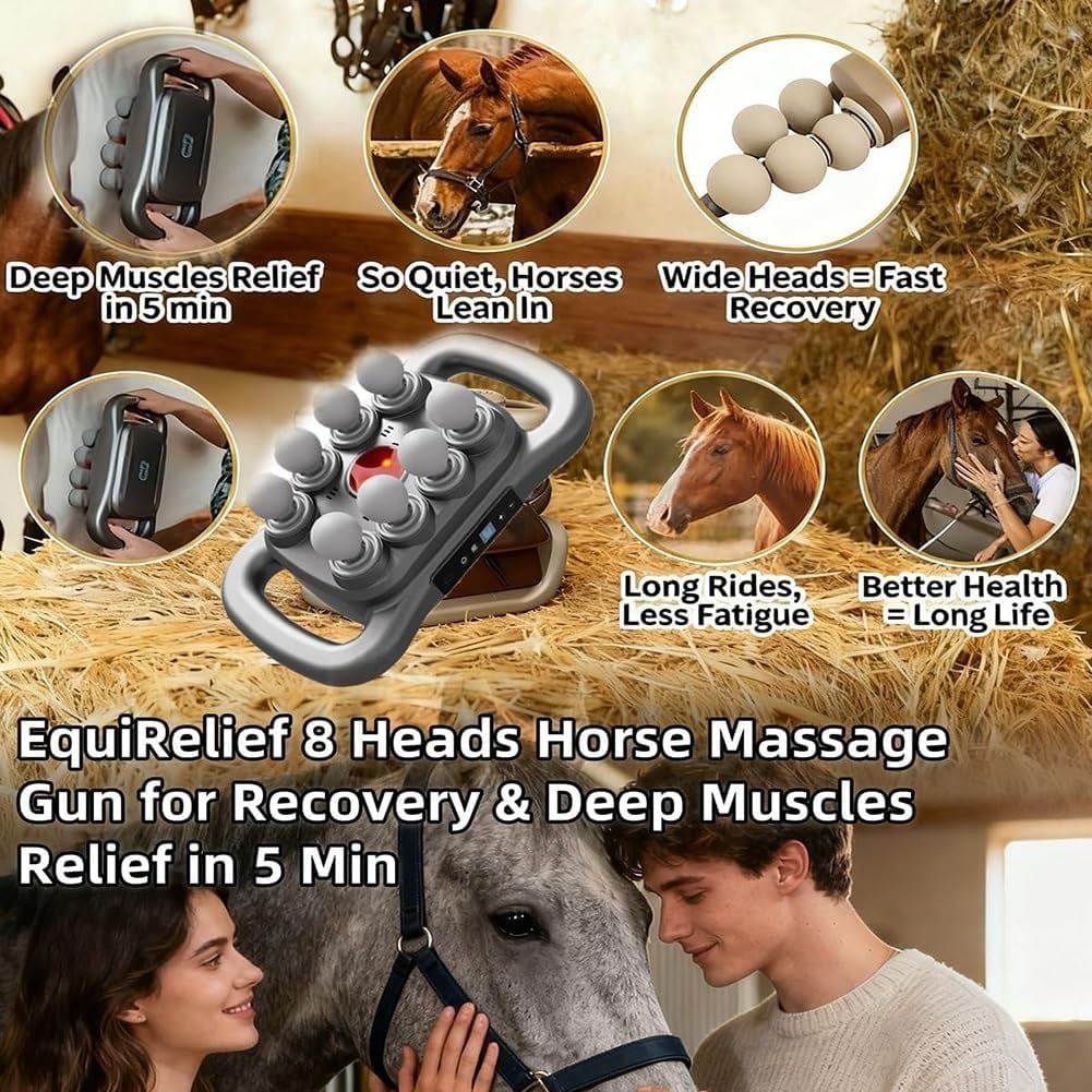 Equirelief 8 Heads Horse Massage Gun, 2025 Upgraded Equine Percussion Massager with 30 Intensity Levels and 3 Modes, Ultra-Quiet Deep-Kneading Massager for Equine Wellness(8 Heads)