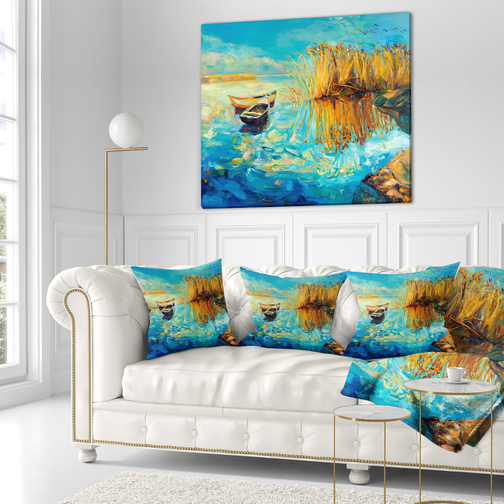 Designart Colorful Lake with Boats - Seascape Throw Pillow - 16x16
