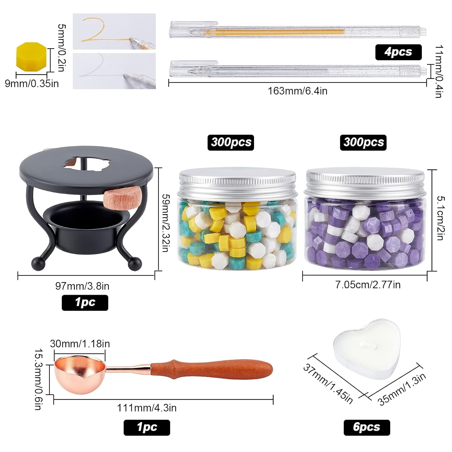 Sealing Wax Kit Iron Wax Furnace with 2 Box 600pcs Sealing Wax Beads 1pc Wax Spoon 6pcs Heart Candles 4pcs Pen Wax Seal Warmer Melting Kits for Wedding Invitation Mixed Color 1set