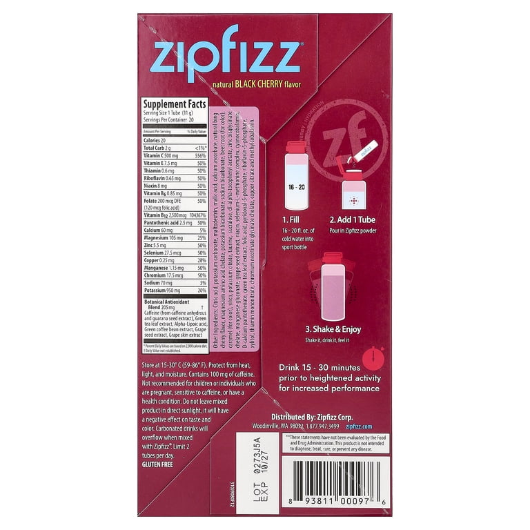 Zipfizz, Energy Drink Mix, Black Cherry, 20 Tubes, 0.39 oz (11 g Zipfizz, Energy Drink Mix, Black Cherry, 20 Tubes, 0.39 oz (11 g