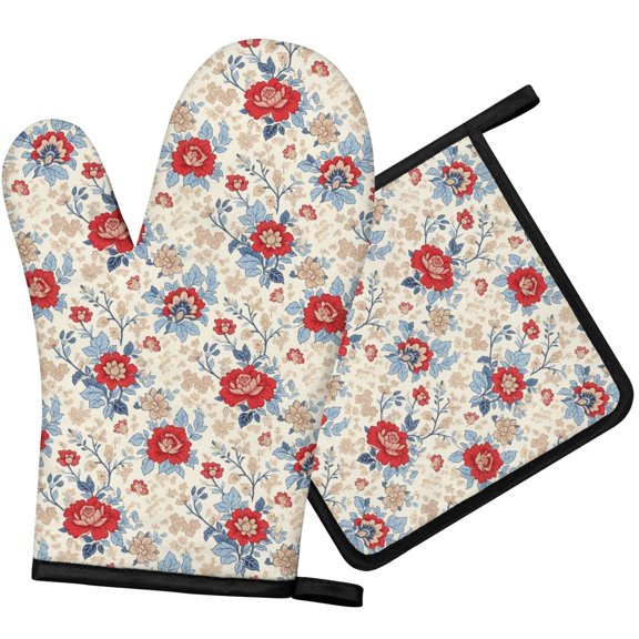 Pioneer Flower Floral Print Pattern 1-Pack Oven Mitts Set, Heat Resistant Kitchen Gloves, 7.7" X 12"