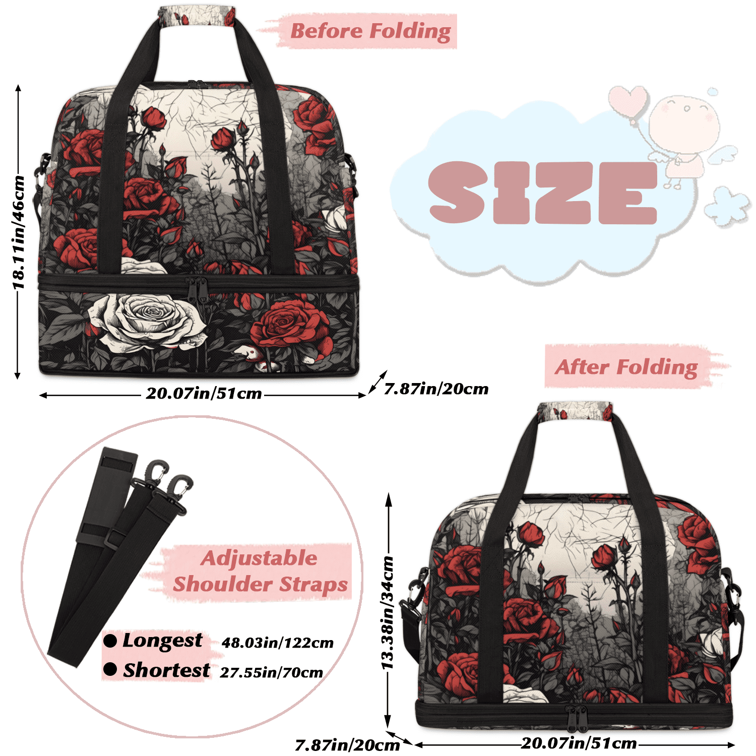 Herdesigns Rose Foldable Travel Duffle Bag for Women and Men Lightweight Carry On Overnight Bag Vintage Floral Flower Gym Luggage Weekender Bags with Shoe Compartment