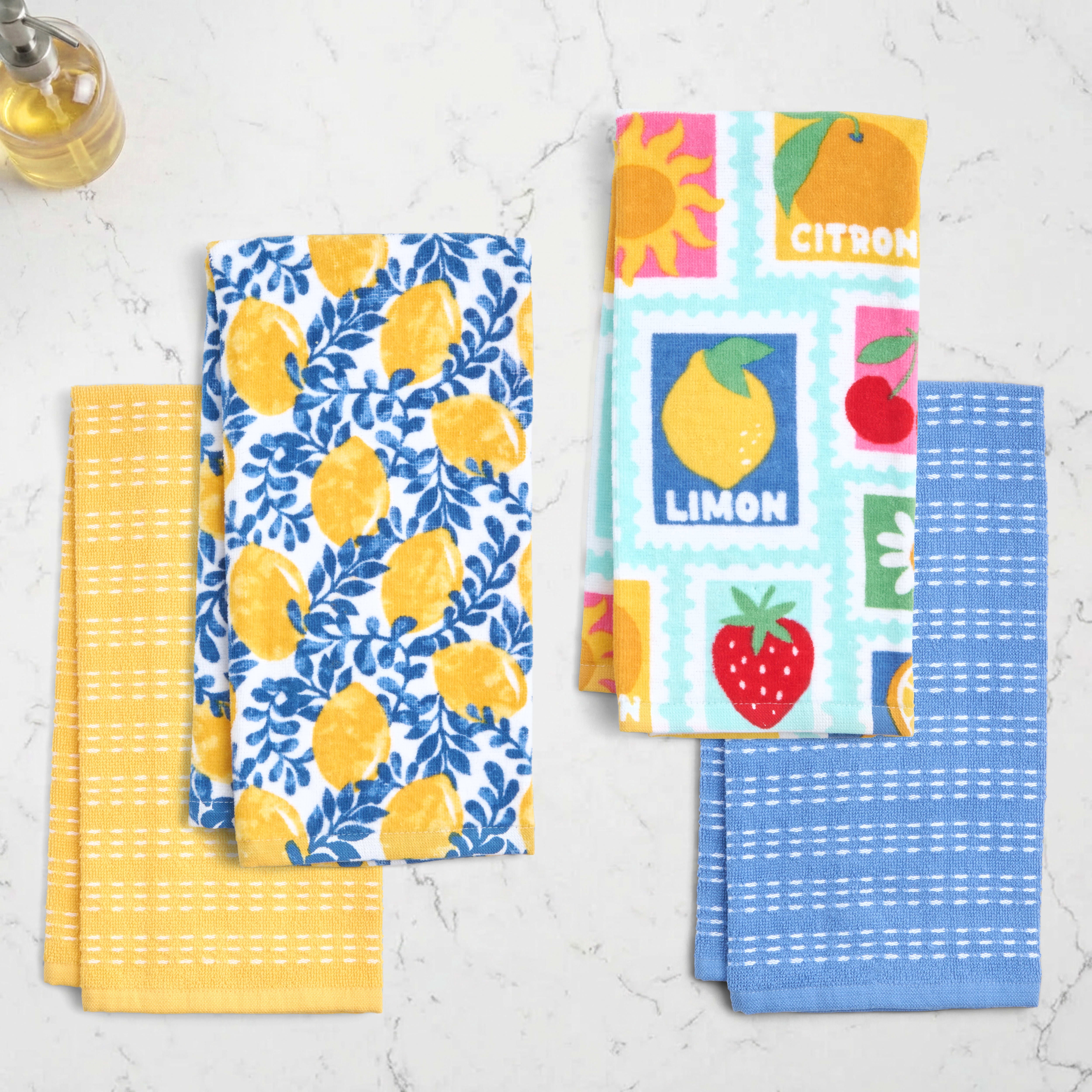 RITZ 100% Cotton Summer Kitchen Towels, Set of 4, Citron Stamps Dish Towels Set