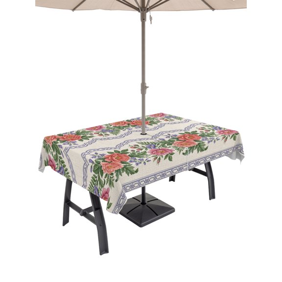 60x102 Inch Outdoor Tablecloth with Umbrella Hole Zipper Rectangle Red Roses Floral Rectangular Tablecloths Outside Waterproof Farmhouse Botanical Flowers Vintage Patio Table Cloth Cover for Picnic
