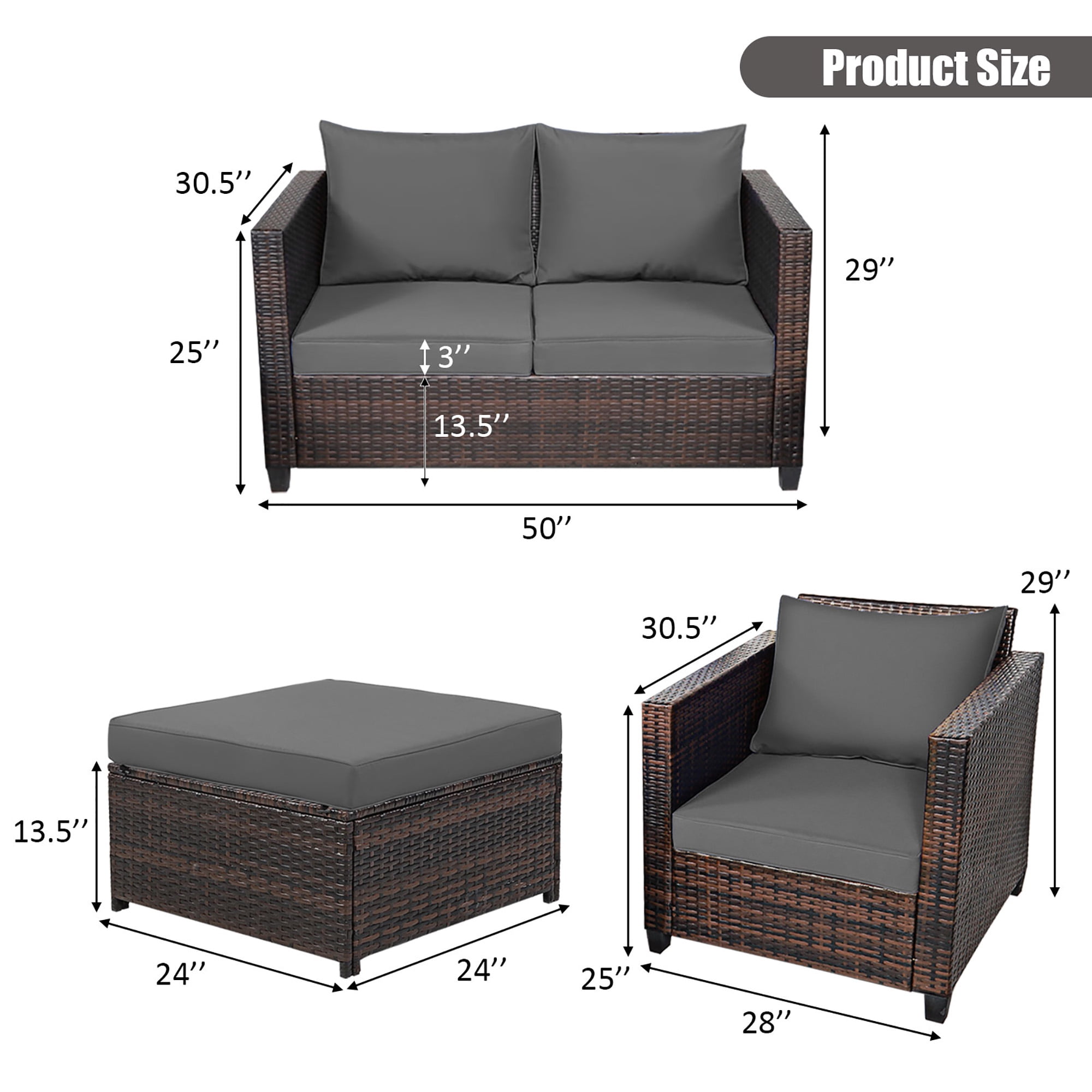 Gymax 5PCS Outdoor Patio Rattan Conversation Sofa Furniture Set w/ Grey Cushions