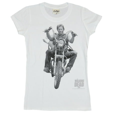 Walking Dead Girls Juniors T-Shirt - Black & White Daryl Dixon On the Bike Image (Large)