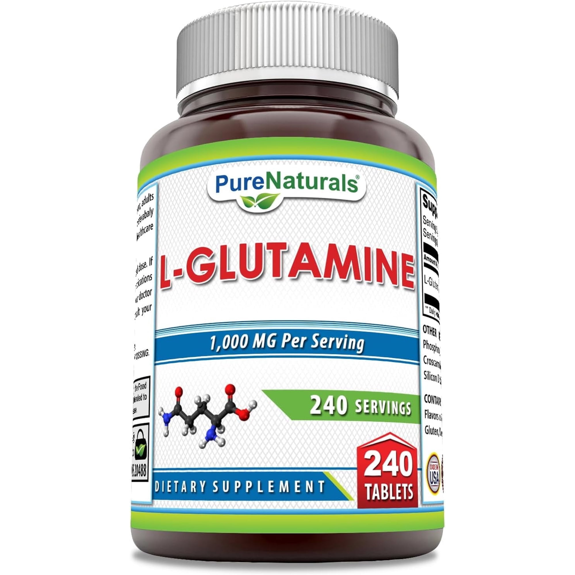 Pure Naturals L-Glutamine 1000 Mg Per Serving 240 Tablets Supplement | Non-GMO | Gluten Free |