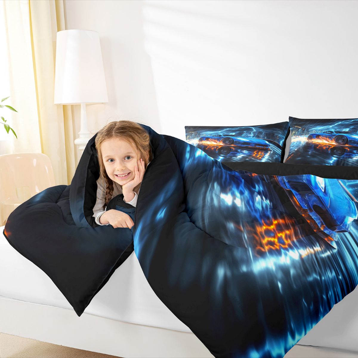 Feelyou Speed Sports Lover Bedding Comforter Set for Kid, Fashion Automobile Twin Comforter Sets, Neon Blue Lightning Reversible Bedding Set, Luxury Bedroom Decor, 2 Pieces