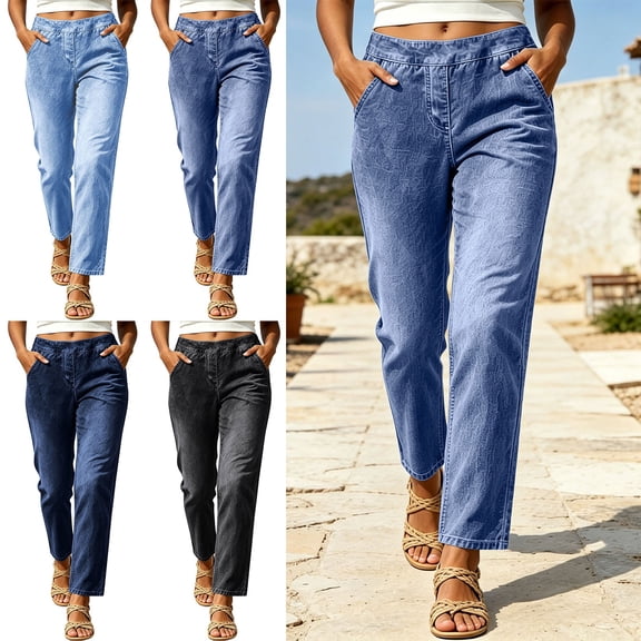 Teylalorva Women's Straight Leg Cropped Jeans, Elastic Waist Denim Fabric With Pocket Casual Jeans Dark Blue L