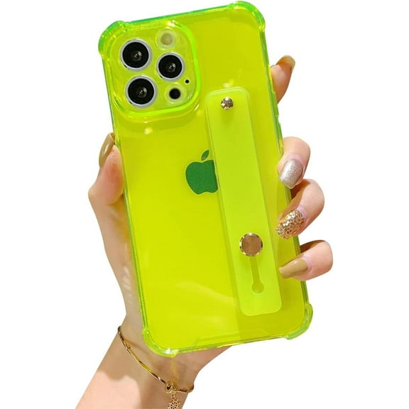 Strap Case for 6.7" iPhone 14 Pro Max with Wristband Kickstand, Clear Soft TPU Protective Shockproof Bumper Cover, Adjustable Hand Grip Loop for iPhone 14 Pro Max 6.7 Inch, Neon Green