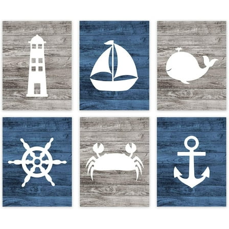 Koyal Wholesale Nautical Theme Nursery Hanging Wall Art, Rustic Distressed Blue Wood, Anchor, Lighthouse, Whale