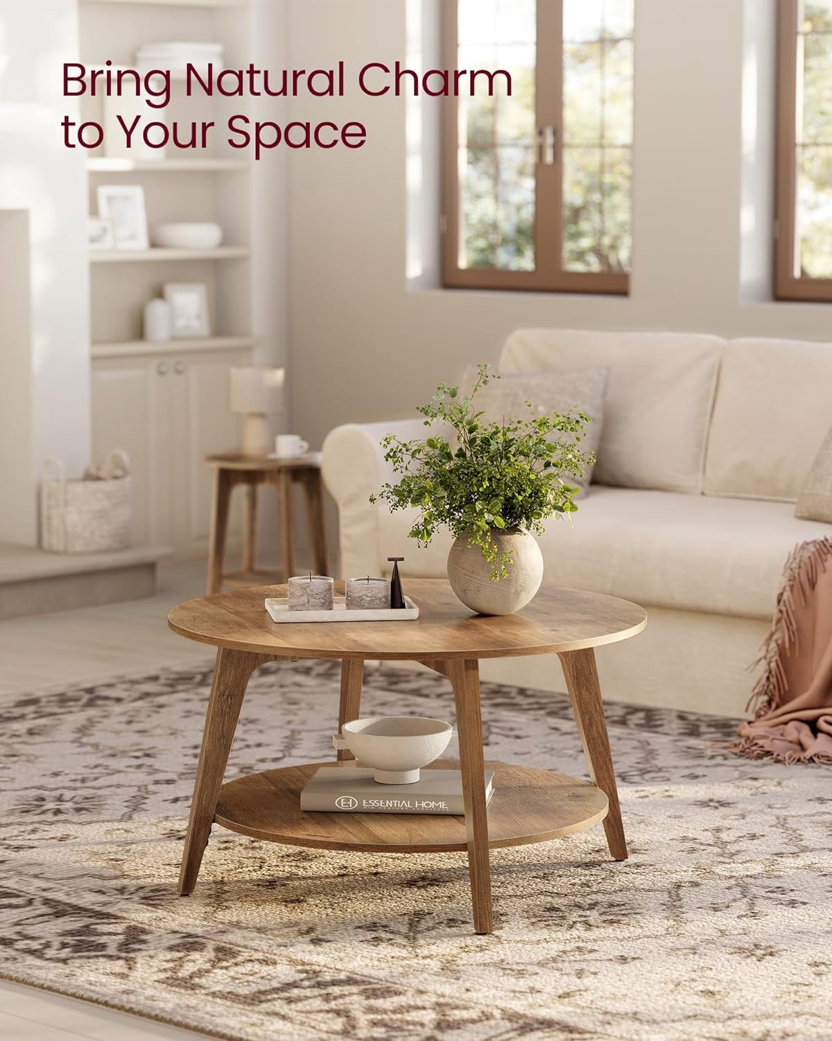 VASAGLE Round Coffee Table, 2 Tier Coffee Table with Storage, for Living Room, 31.5 x 17.7 Inches, Easy to Assemble, Honey Brown