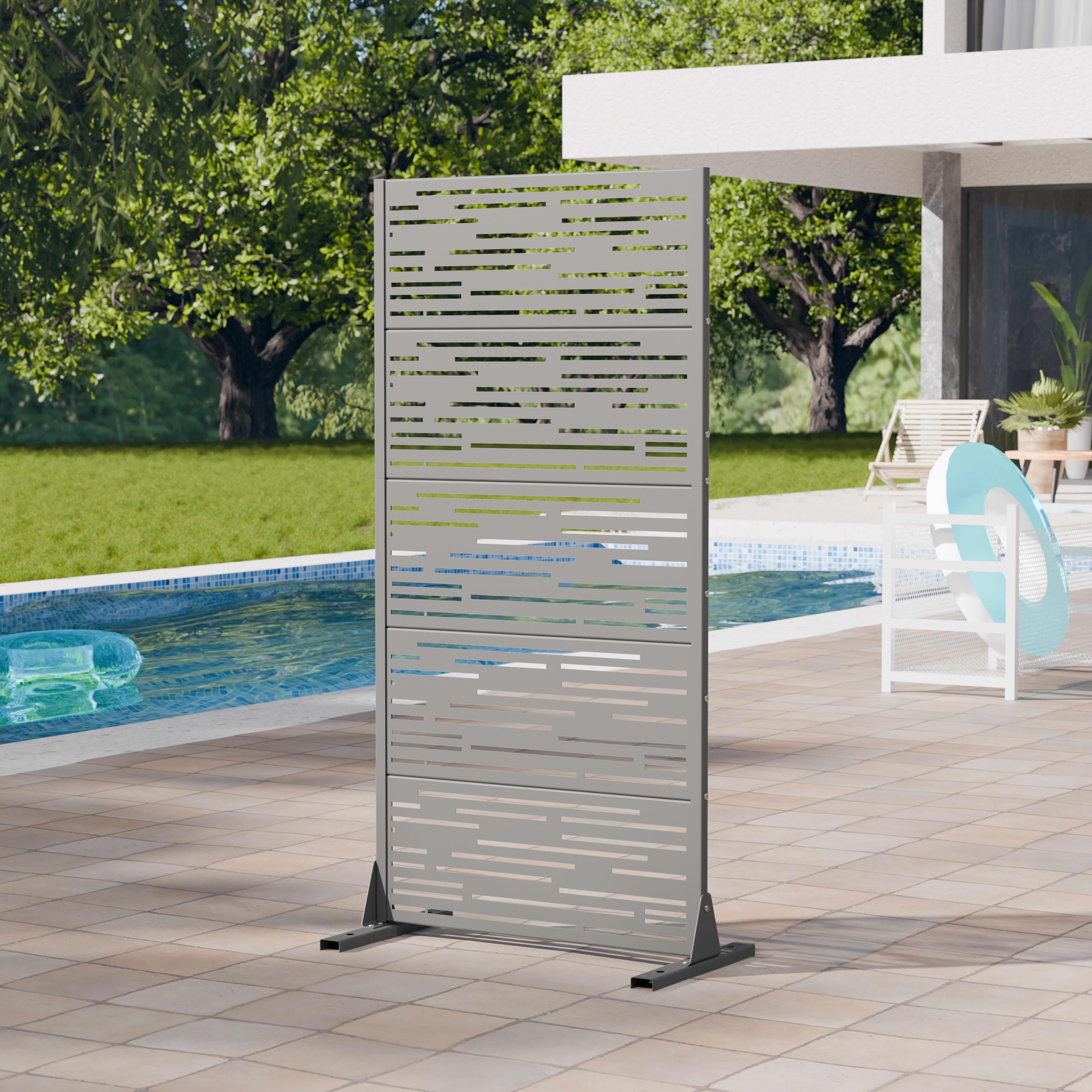 MAYEERTY 2-Piece Outdoor Metal Privacy Screen 5ft Gray, 5-Panel Light & Shadow Pattern, Rust-Resistant for Garden