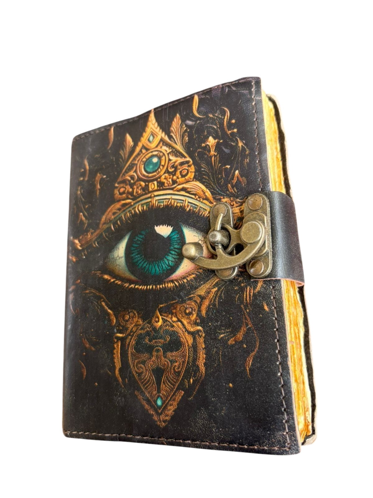 Handmade Leather Journal with Lock, 200 Deckle Edge Pages, Vintage Eye Design Diary, Artistic Writing Notebook, 5x7 Inch
