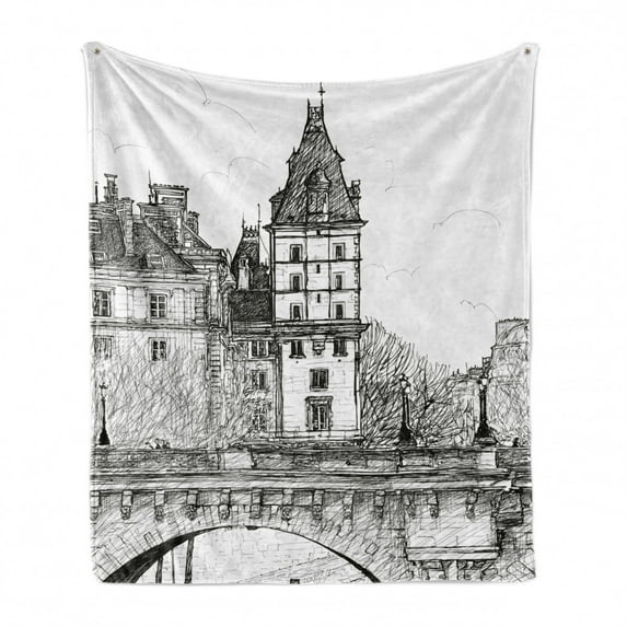 Paris Soft Flannel Fleece Throw Blanket, View from the Pont Neuf Historical French Landmark Urban Architecture Drawing, Cozy Plush for Indoor and Outdoor Use, 50" x 60", Black and White, by Ambesonne