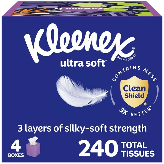 Pañuelos faciales Kleenex, ultrasuaves, 3 capas, 240 pañuelos, 4 cajas