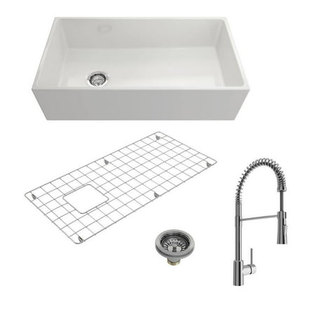 BOCCHI 1354-001-2020CH Apron Front Fireclay 36 Inch Single Bowl Kitchen Sink Kit